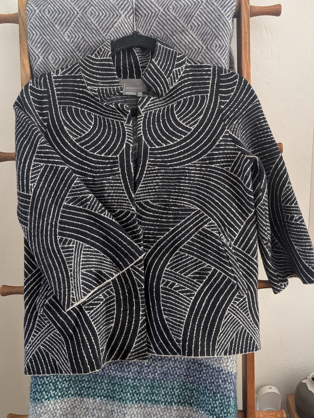 Anthropologie Black and White Striped Geometric Knit Cardigan